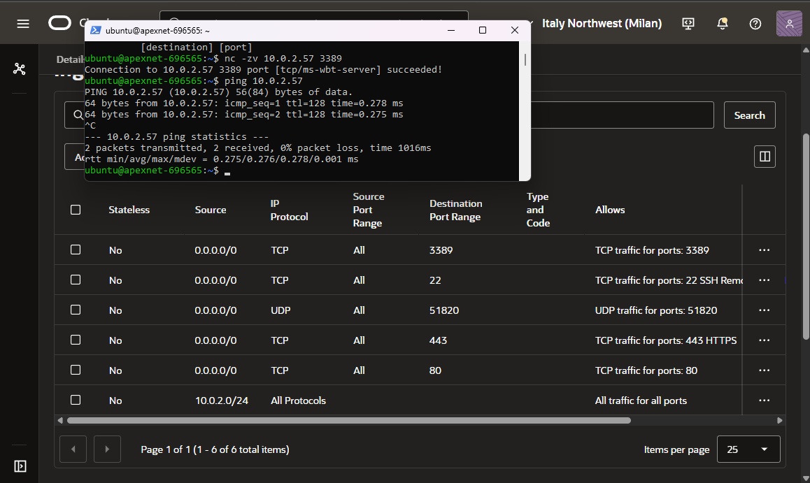 Oracle security list showing an ingress rule added to allow all traffic from the 10.x.x.x private subnet